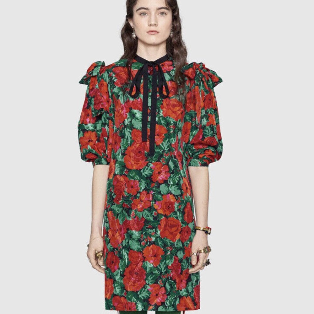 NWT Gucci Red/Green Poppy/Snake Print Silk Dress